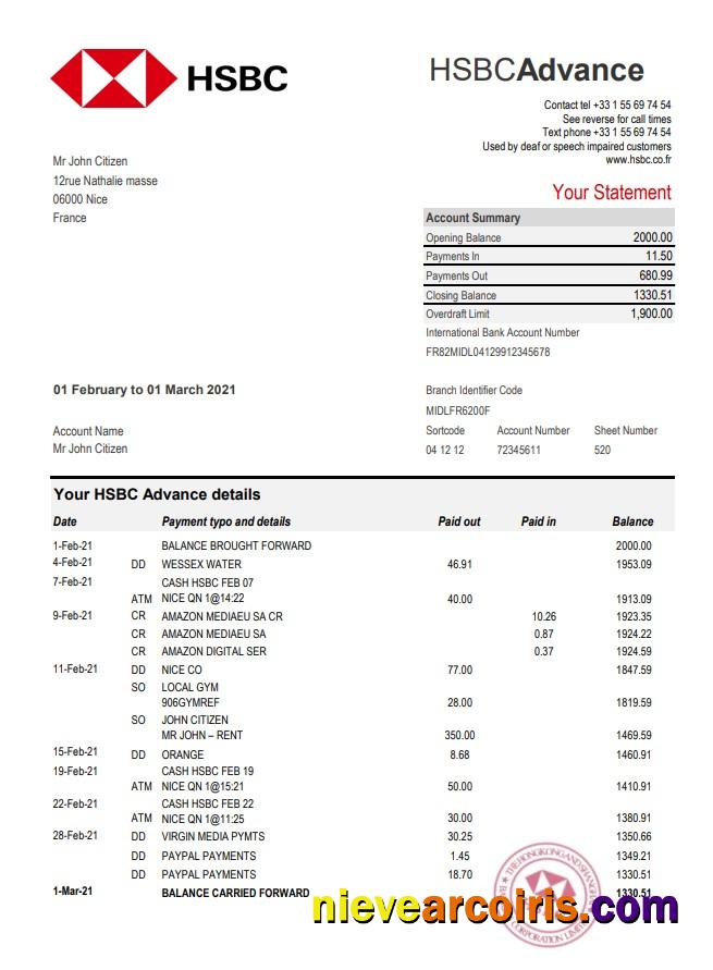 France HSBC bank statement in Excel and PDF format